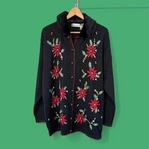 Victoria Jones Woman Plus Size‎ Black Pointsettia Christmas Cardigan Collar-1X